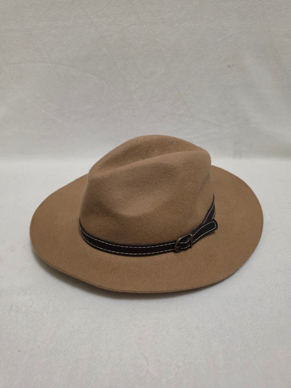 Steve Madden Womens Camel Tan 100% Wool Felt Fedora Wide Brim Hat Buckle Band